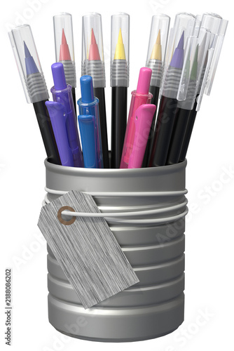 Colorful brush pens and gel pens standing in recycled silver tin can with blank label tag on string. DIY upcycled pen holder mockup for stationery