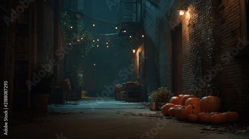 Pumpkins arranged in a dark city alleyway at night with string lights