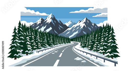 Vector illustration of a scenic mountain road in winter