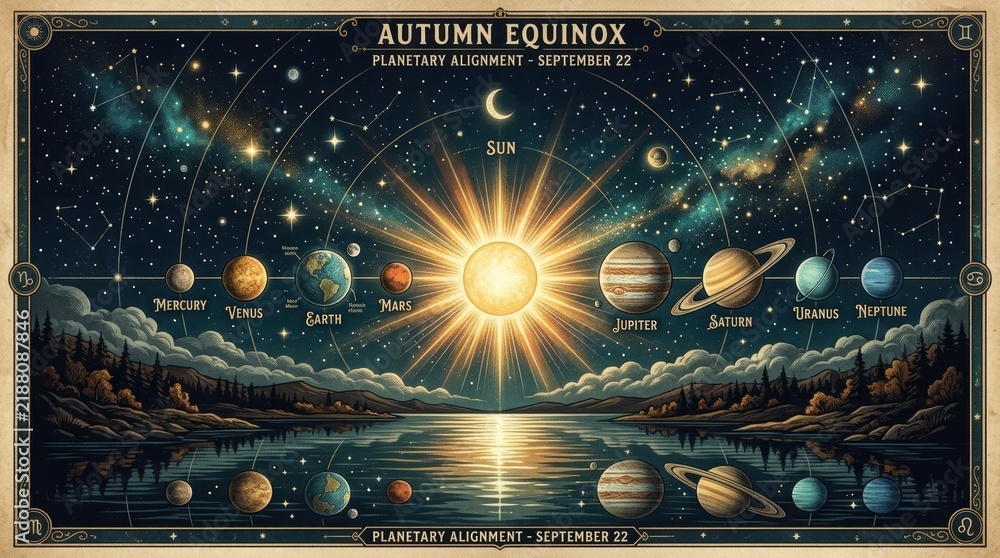 Fototapeta premium Autumn equinox planetary alignment diagram showing the sun and planets in the solar system on dark background