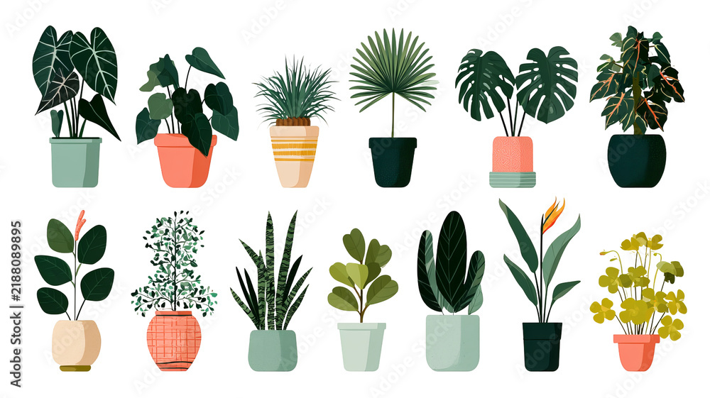 Obraz premium Trendy potted plant set for home with alocasia, begonia, fan palm, monstera, ficus, strelitzia, and oxalis, colored flat vector illustration isolated on white background