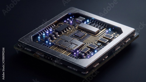 Futuristic computer processor with glowing blue lights, advanced microchip on circuit board, high-tech semiconductor hardware