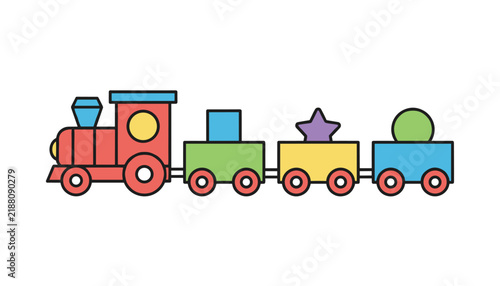 Colorful toy train with a locomotive and several carriages carrying simple geometric shapes for children to play.