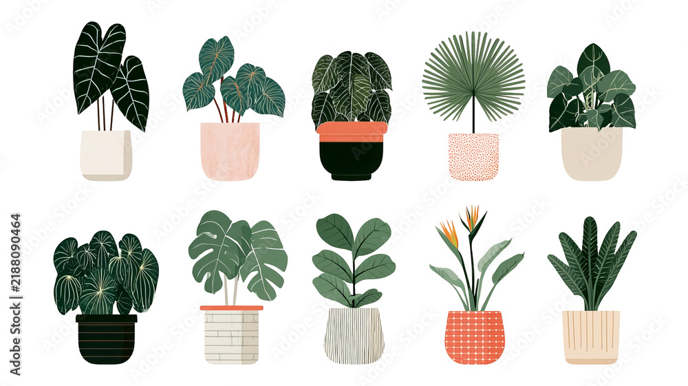 Obraz premium Trendy potted plant set for home with alocasia, begonia, fan palm, monstera, ficus, strelitzia, and oxalis, colored flat vector illustration isolated on white background