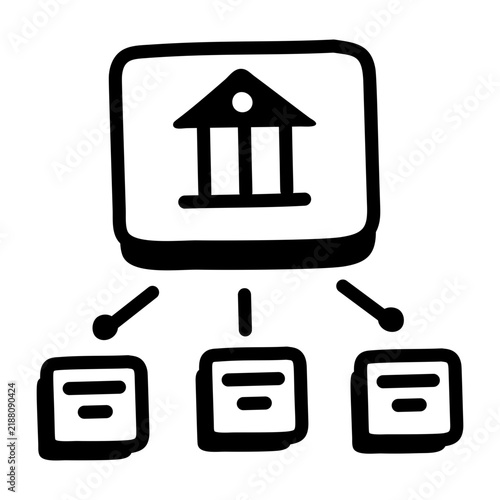 Hand-drawn doodle icon of a governance board linked to organized records, presented in bold black outlines on a clean white background for clear data visuals.