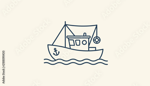 Simple line drawing of a small fishing boat with an anchor and lifebuoy floating on stylized waves.