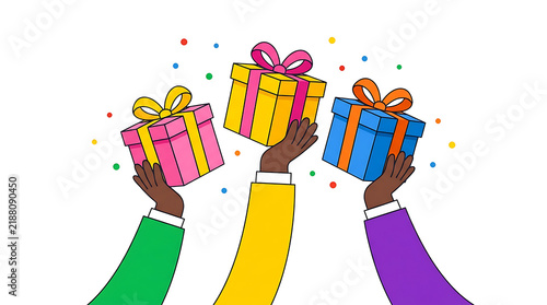Three hands lifting colorful gift boxes with ribbons - PNG cutout graphic, isolated on transparent background