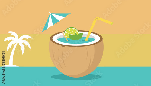 Tropical coconut cocktail with a lime slice umbrella and straw served on a beach background with a palm tree.