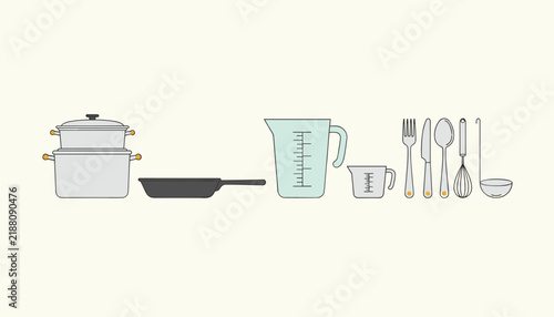 Set of kitchen tools including pots, a pan, measuring jugs, and utensils for culinary and baking preparation.
