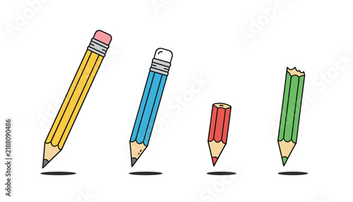 Collection of four pencils of varying lengths and colors floating on a white background in a simple flat style.