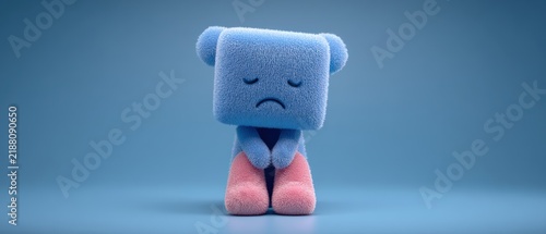 A vibrant plush toy character with a soft fuzzy texture displaying a sad expression set against a minimalistic background