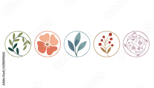 Collection of five circular botanical icons featuring various plants and floral designs in soft muted colors on white background.
