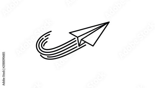 Linear sketch of a paper airplane flying with curved speed lines trailing behind, symbolizing travel and creative innovation ideas.