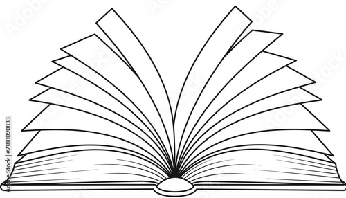 Open book with fluttering pages rendered in a simple line art style, conveying learning, reading, literature, and knowledge.