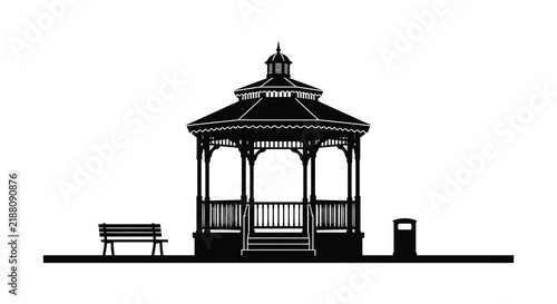 Foto Black silhouette of a gazebo with benches and trash receptacle on a platform