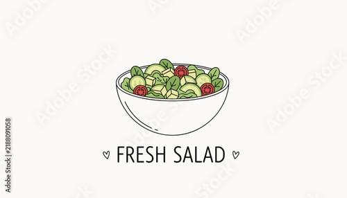 Simple line art drawing of a fresh salad bowl containing lettuce, cherry tomatoes, and cucumber, presented as a healthy diet icon.