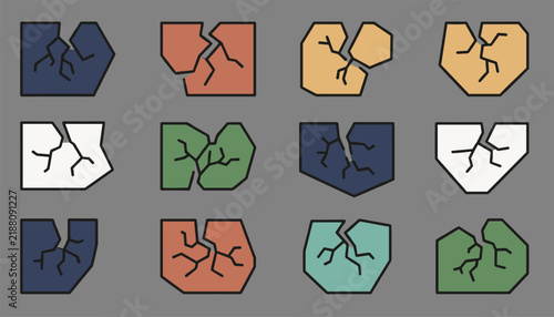 Collection of colorful, cracked, or broken geometric shape icons on a gray background, symbolizing imperfection and texture.