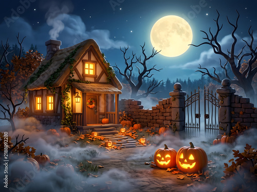 Spooky cottage decorated with glowing jack-o-lanterns under a full moon