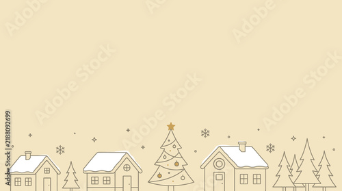Elegant Christmas Line Art Background with Winter Village and Snowflakes