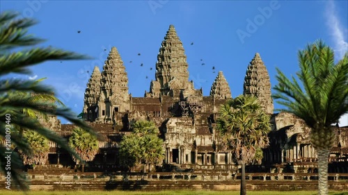 Angkor Wat Temple at Sunrise in Siem Reap Cambodia. Angkor Wat Temple Surrounded by Tropical Jungle in Cambodia. Scenic Daytime View of Angkor Wat Ancient Temple Cambodia. Unesco World Heritage Site