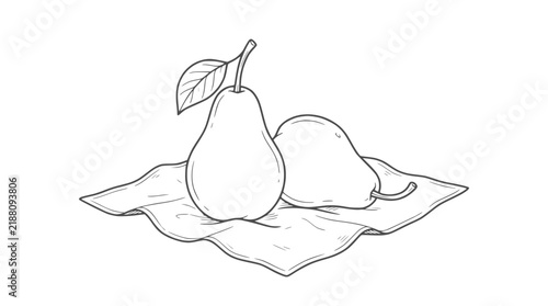 Black and white line art illustration of two pears on a cloth