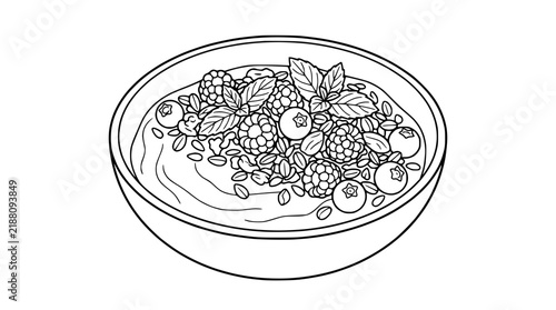 Black and white line art illustration of a healthy berry bowl