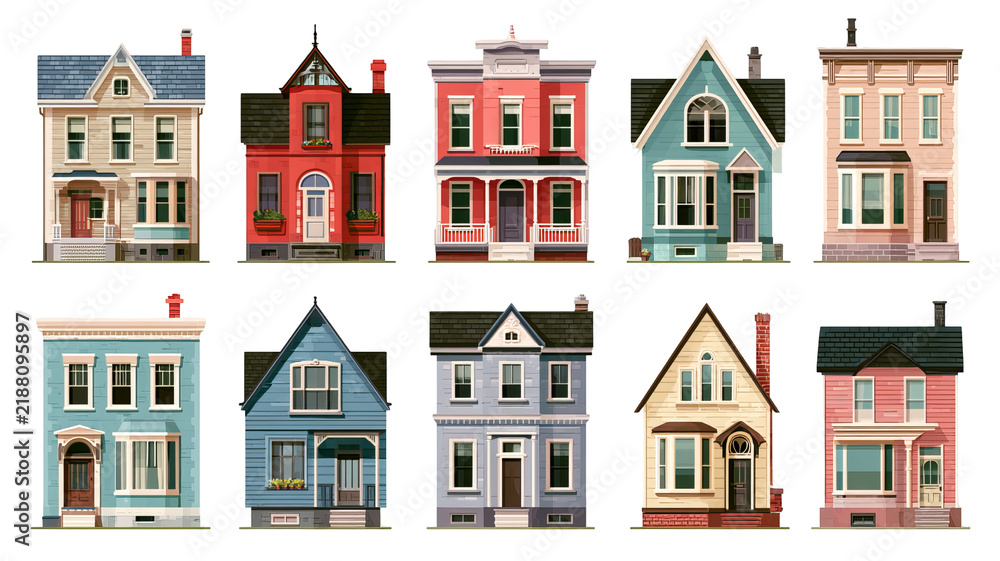 Fototapeta premium Vector house collection with set of house designs in front view, flat design illustration