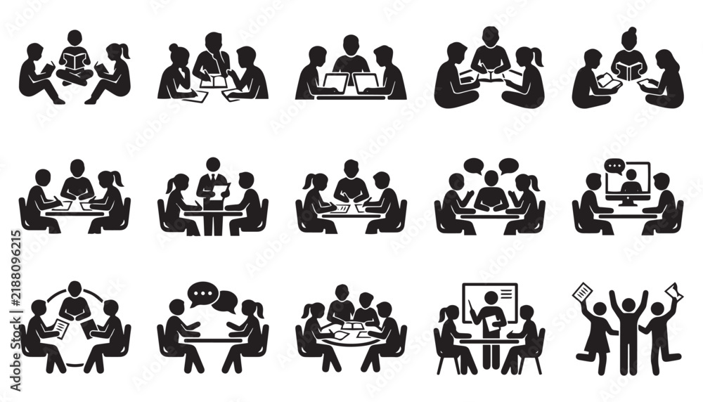 Obraz premium Set of black silhouette icons representing business meetings teamwork collaboration and professional office communication and brainstorming sessions