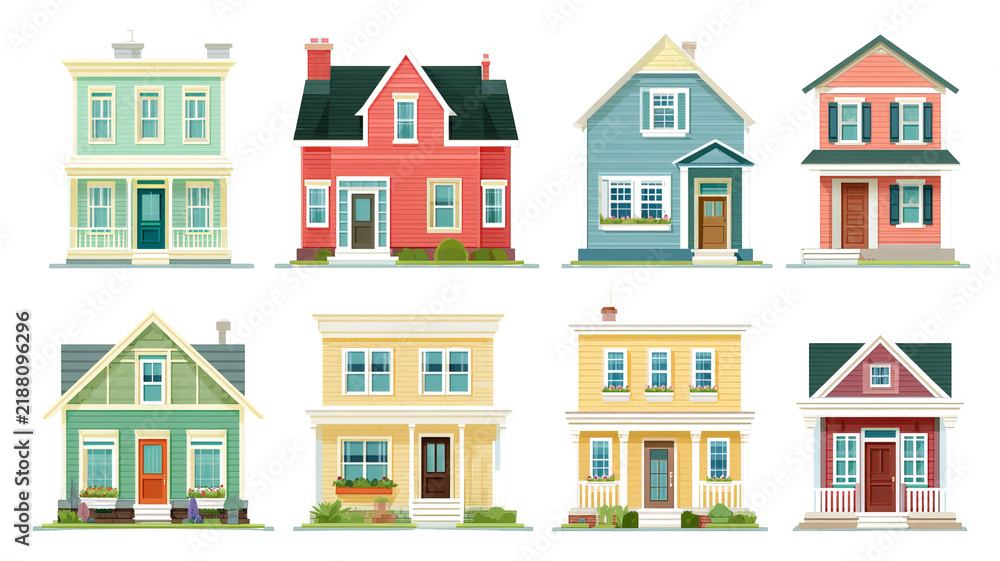 Fototapeta premium Vector house collection with set of house designs in front view, flat design illustration