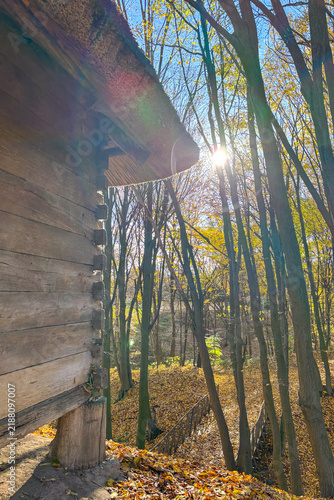 Golden autumn colors light up the countryside among old wooden houses and ancient churches in Ukraine, creating a warm nostalgic atmosphere.
