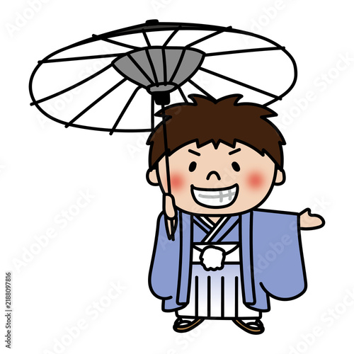 七五三で和傘をさしている元気でやんちゃな子供（男の子）