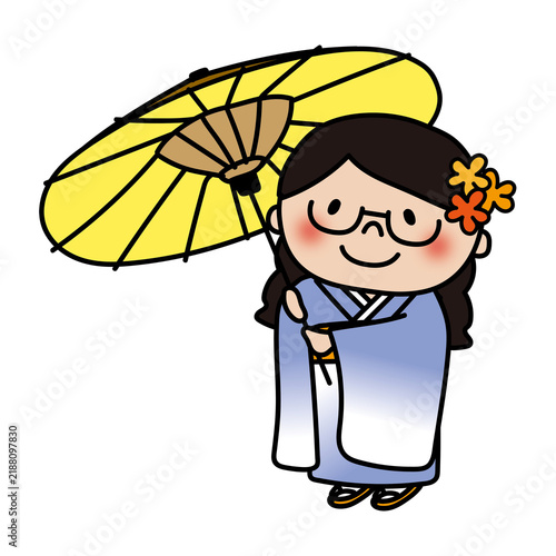 七五三で和傘をさしている眼鏡を掛けた三つ編みの子供（女の子）