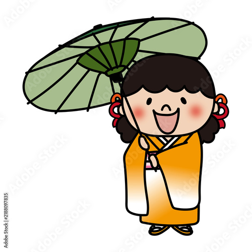 七五三で和傘をさしているふわふわの天パの子供（女の子）