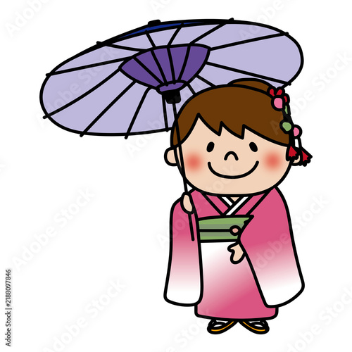 七五三で和傘をさしている元気で明るい子供（女の子）