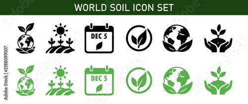 World Soil Day Icon Set, Soil Health, Plant Growth, Agriculture and Environmental Conservation.