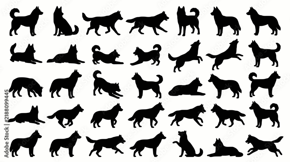 Obraz premium Siberian Husky Dog Silhouette Collection in Different Poses