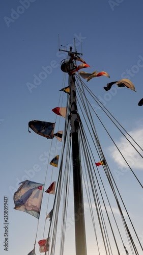 September 10, 2026 - Vertical video of a tall ship's mast with various international flags waving in the wind against a clear blue sky.