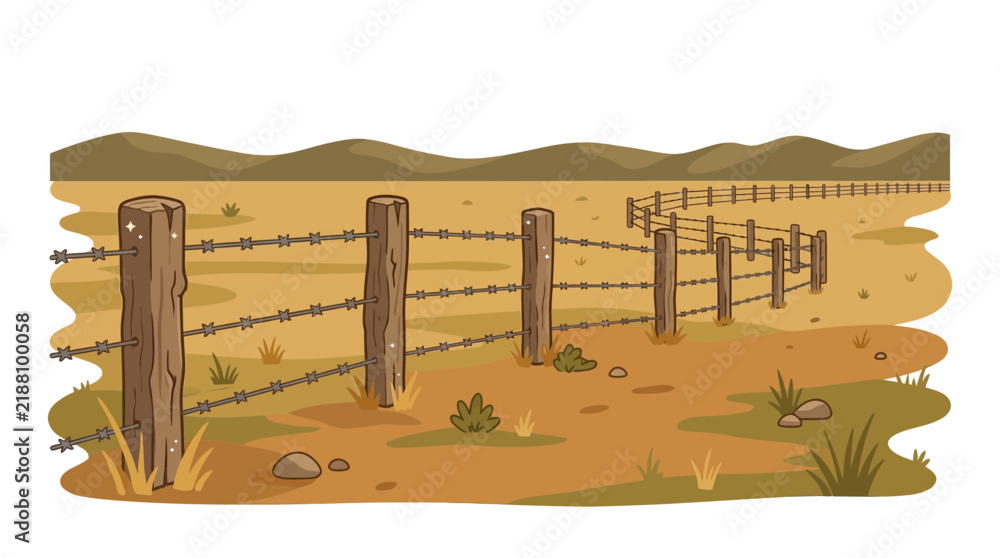 Obraz premium Desert landscape with barbed wire fence and hills