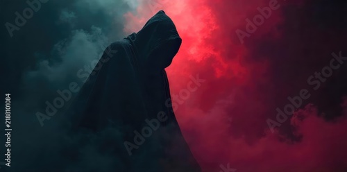 A shadowy figure shrouded in darkness, their intentions unclear, exuding an aura of malevolence and deceit  The image suggests hidden agendas and moral ambiguity ,  horror,  wicked