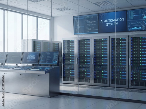 Programmer, Developer and AI: Modern Server Room with Automation System and Software Engineering Displays