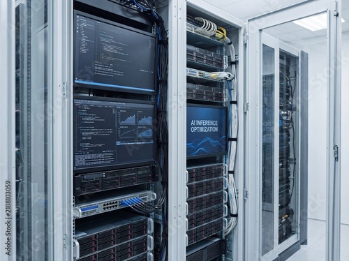 Programmer, Developer and AI technology visualized in server room with code screens