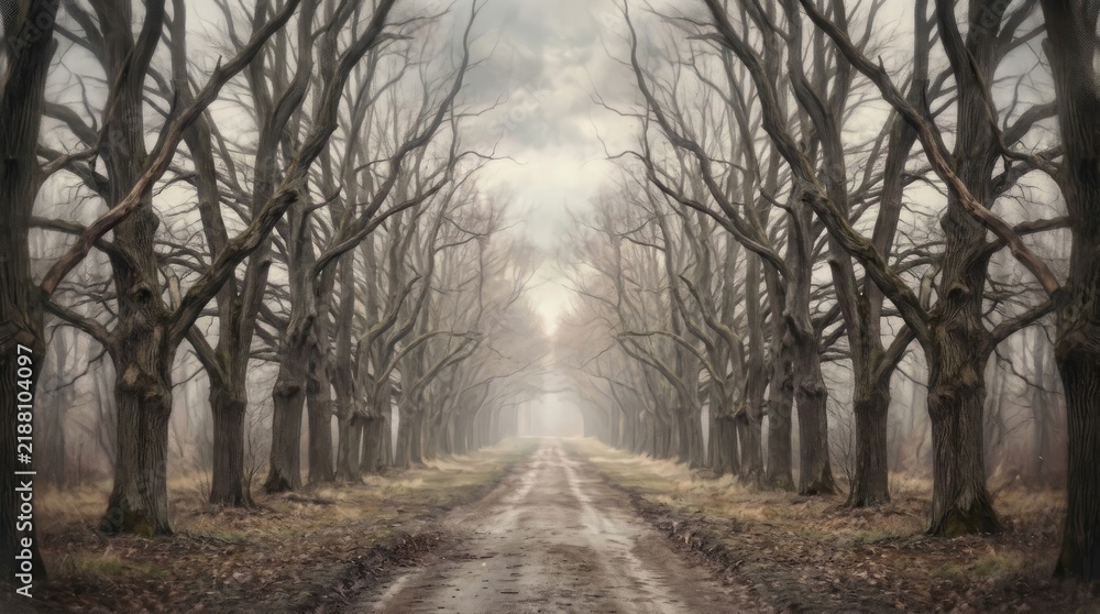 Fototapeta premium A long road lined with bare trees leads toward a bright distant light