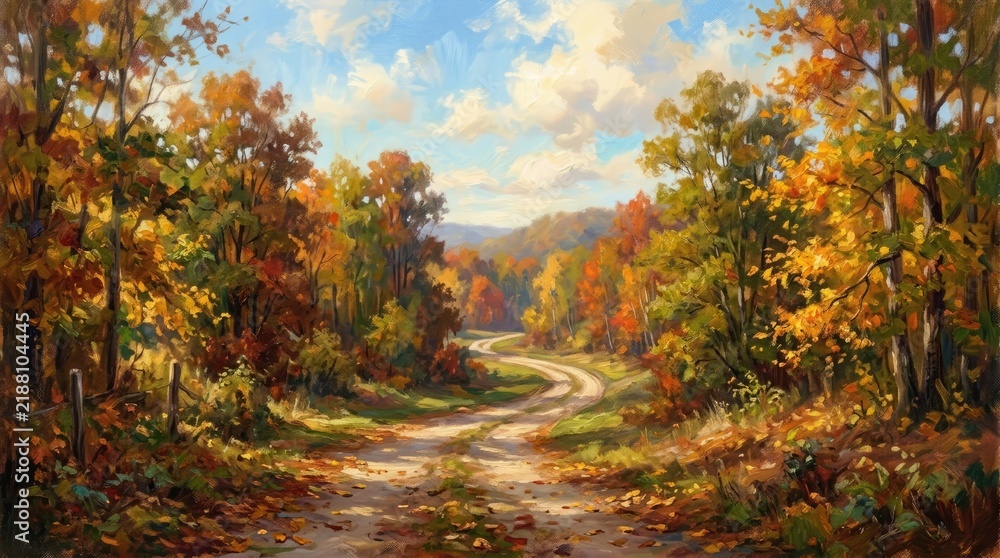 Fototapeta premium Winding country road through a vibrant autumn forest with golden light