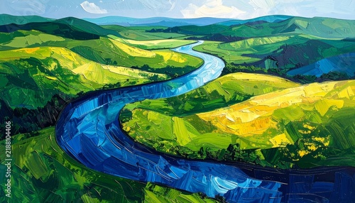 Scenic Mountain River Landscape Flowing Through Green Countryside Valley Under a Bright Summer Sky with Hills, Forest, Fields, and Clouds