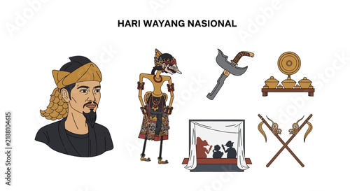 Bild auf Leinwand A digital illustration showing a man a shadow puppet a kris gamelan instruments