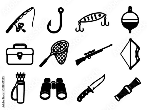 Black and white hunting and fishing gear icon collection featuring rod hook lure float tackle box net rifle bow quiver binoculars knife and flashlight for outdoor recreation and equipment themes