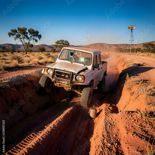 White off-road vehicle damaged front windshield dirt-covered jumping