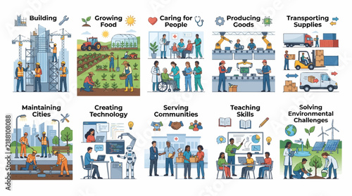 Essential workers and industry sectors collection, 10 flat vector illustrations of diverse career paths and global labor roles