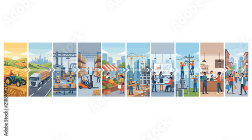 Global supply chain infographic vector, industrial logistics process flow, economic production cycle from farm to consumer