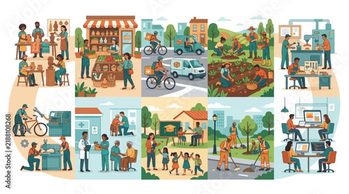 Flat vector illustration of diverse community jobs, people working in various professions and essential services, local labor scenes